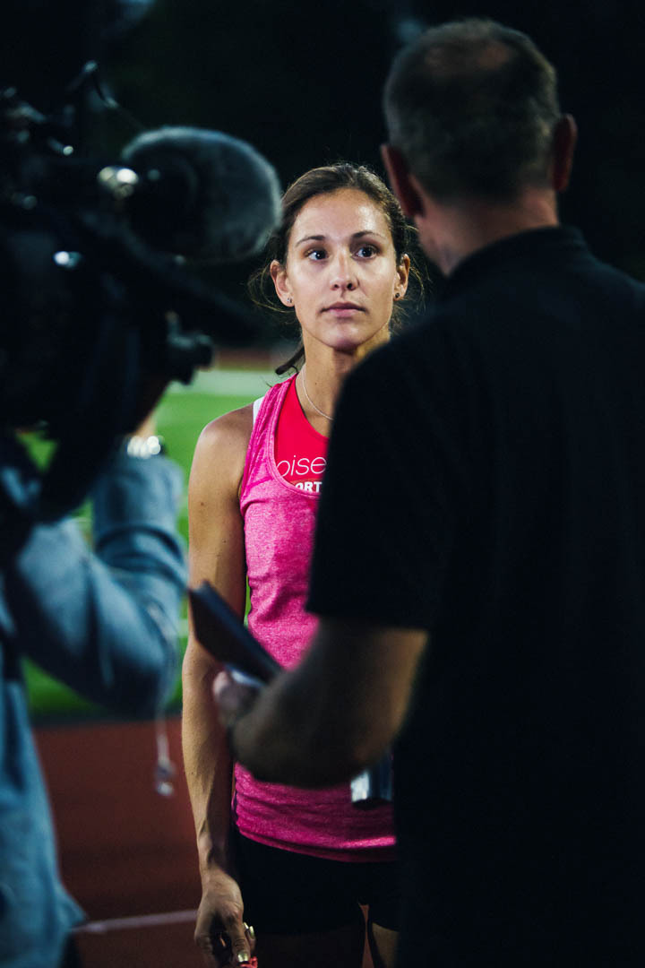Kara Goucher being interviewed after racing at the Portland Track Festival