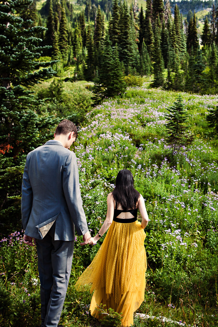 Strolling Through Fields of Wild Flowers - A bride and groom on a mountainside stroll through wild flowers